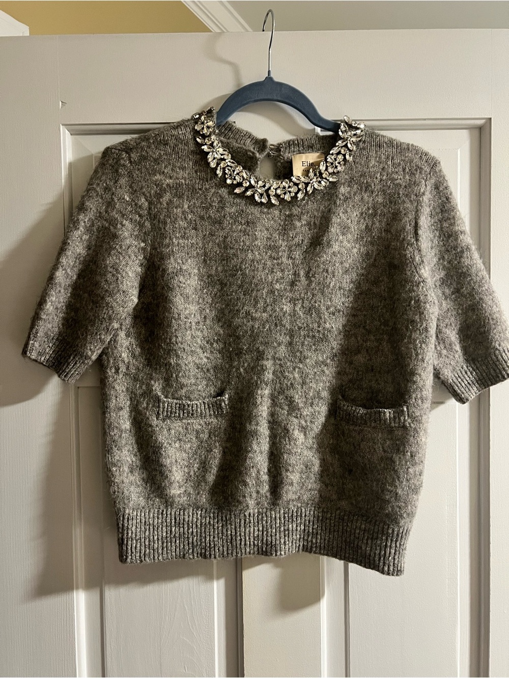 Elie Tahari Gray Short-Sleeve Jeweled Neck Sweater